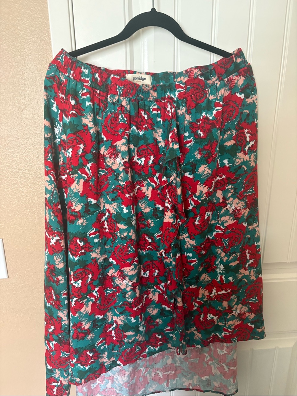Miley Millie Anthropologie Porridge Green Floral Midi Skirt with Red Rose Print